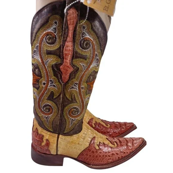 New El General Crocodile Skin Embroidered Red Yellow Brown Cowboy Boots Sz 6.5 - Picture 6 of 9